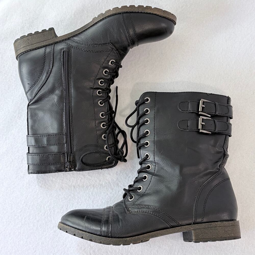 Rampage Combat Style Boots Womens 8.5 Black Faux Leather Mid Calf Biker Moto